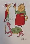 Born Adolf, Kočka, želva a pták, originální serigrafie